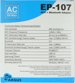 Argus EP-107 WiFi5+BT4.2 USB Adapter